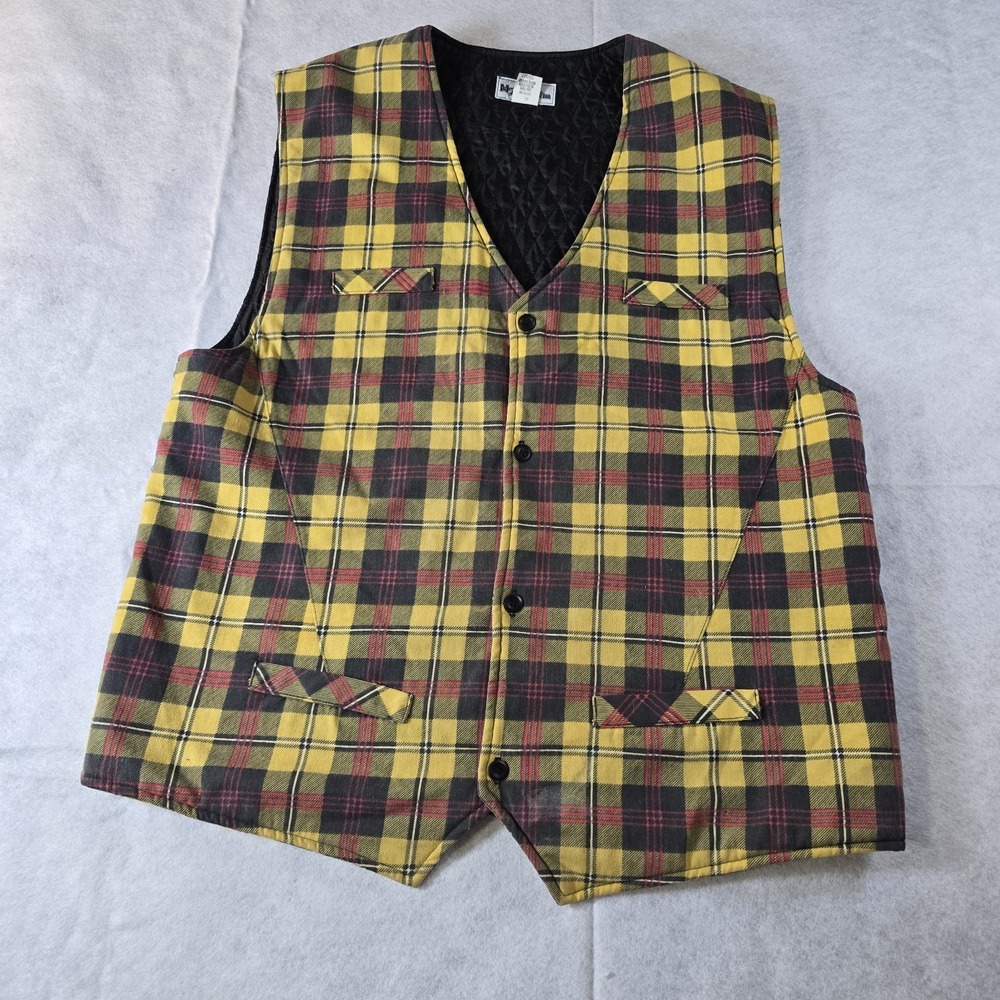 Vintage McXX FM Yellow Plaid Quilted Lined Vest USA Made Men's XL Grunge Punk